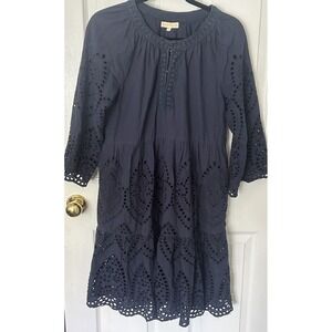 RubyYaya Cotton Navy Eyelet A Line Dress Small Lined Bohemian Flowy  Classic